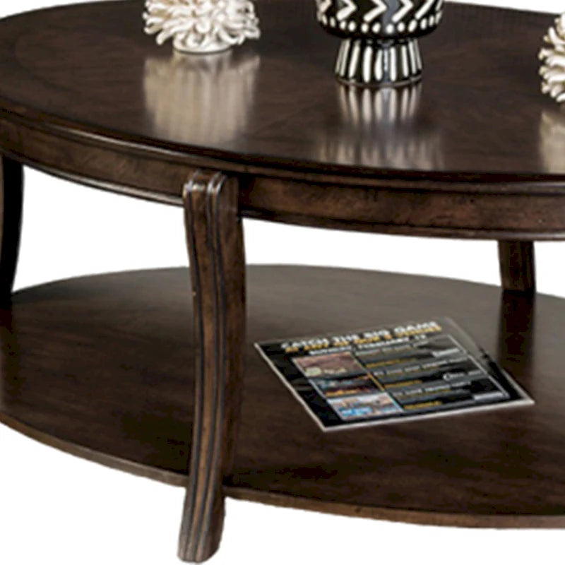 Table basse avec étagères ouvertes, plateau ovale 124,5 cm, bois marron
