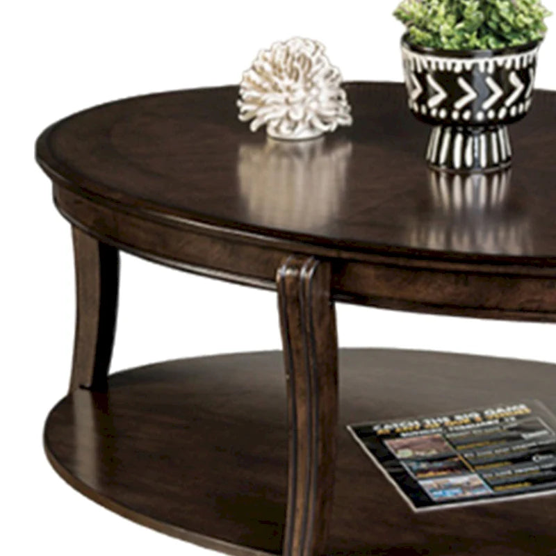 Table basse avec étagères ouvertes, plateau ovale 124,5 cm, bois marron
