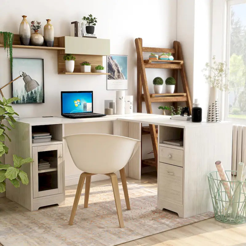 Bureau informatique d'angle de 59 pouces de style transitionnel avec ports USB