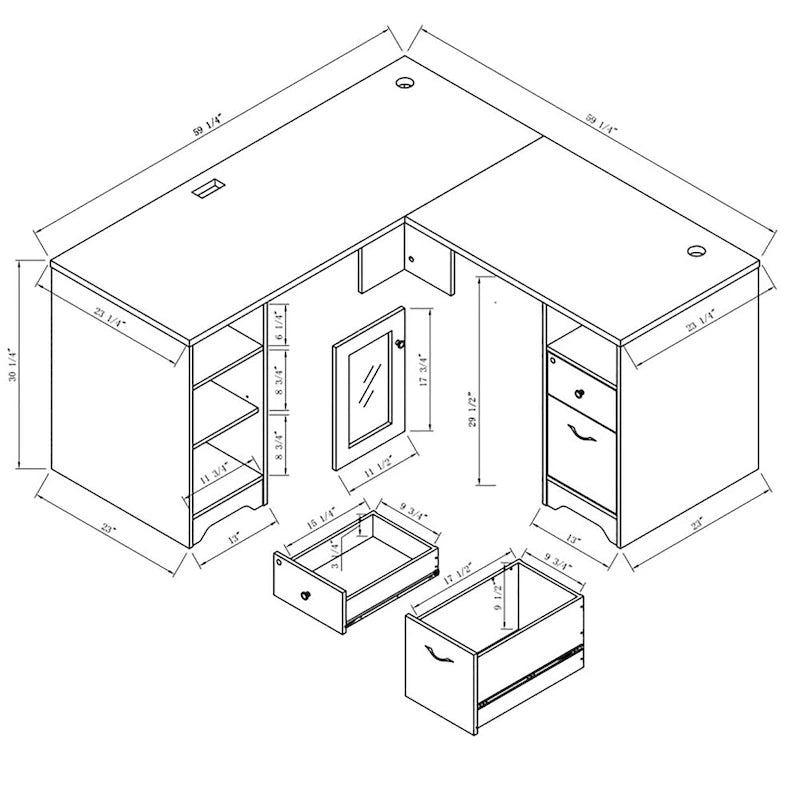 Bureau informatique d'angle de 59 pouces de style transitionnel avec ports USB