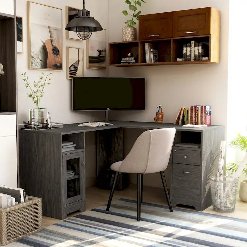 Bureau informatique d'angle de 59 pouces de style transitionnel avec ports USB