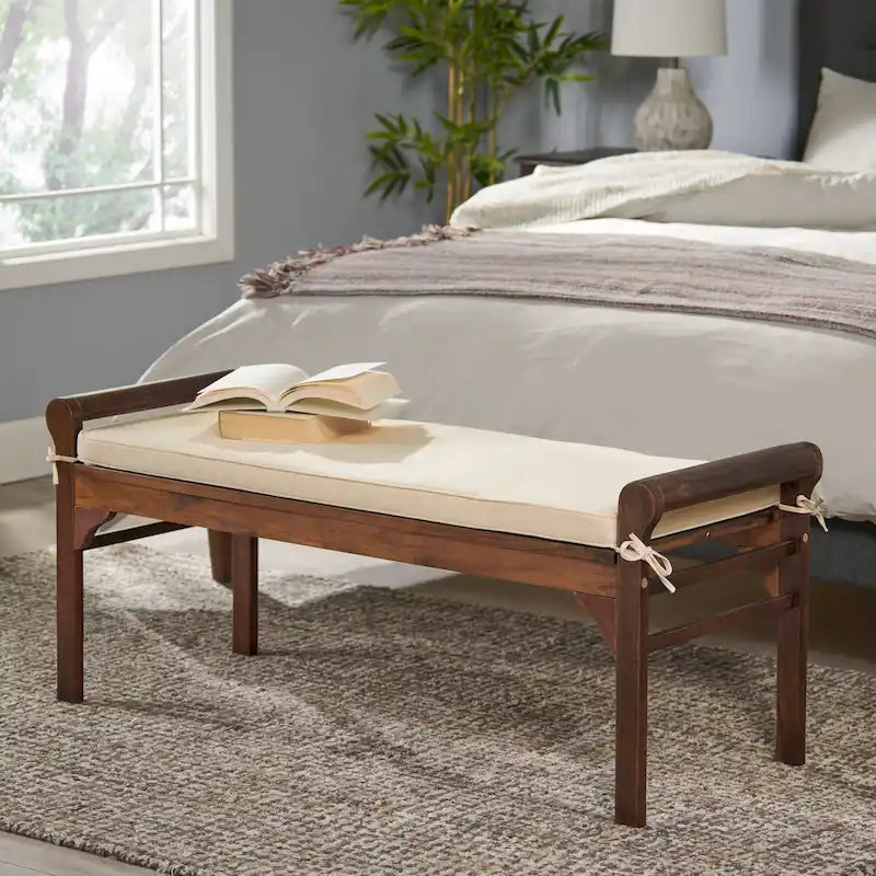 Banc Nelson rustique en bois d'acacia avec coussin