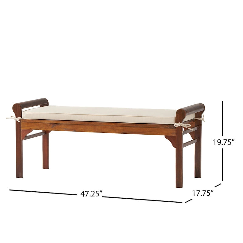 Banc Nelson rustique en bois d'acacia avec coussin