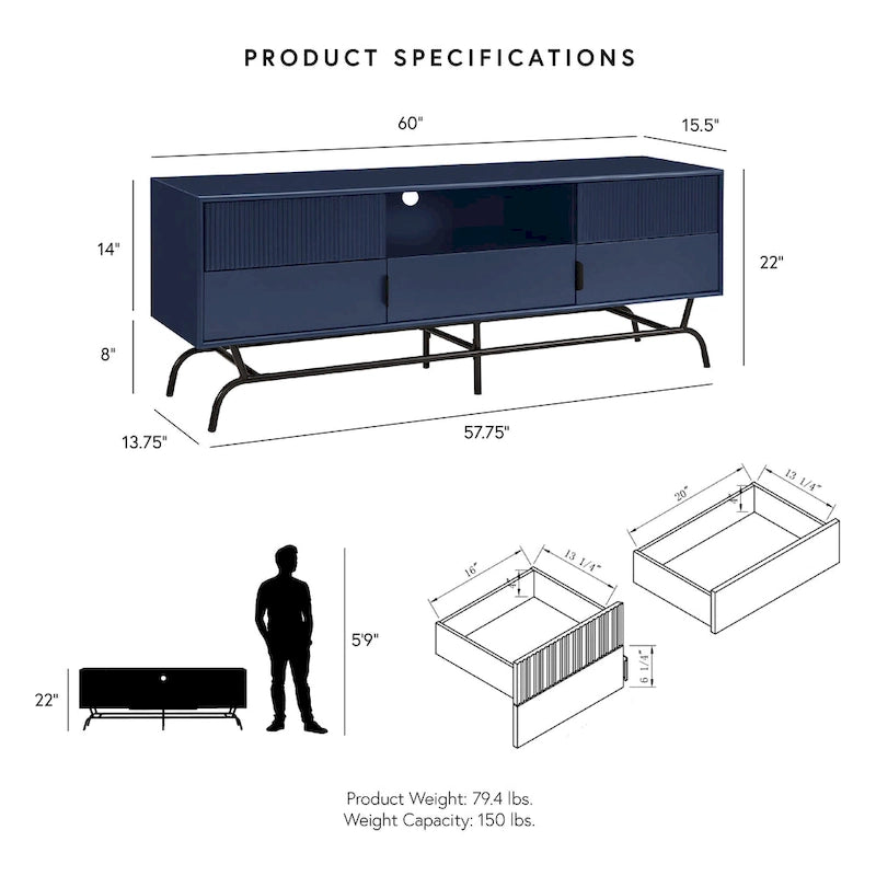 Meuble TV moderne de 60 pouces avec 3 tiroirs et trou pour câbles