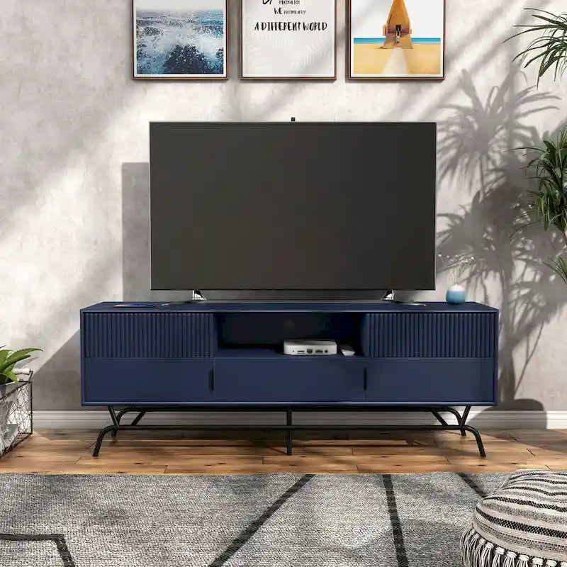 Meuble TV moderne de 60 pouces avec 3 tiroirs et trou pour câbles