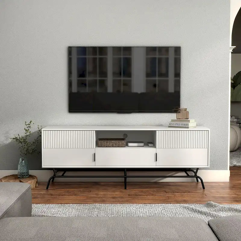 Meuble TV moderne de 60 pouces avec 3 tiroirs et trou pour câbles