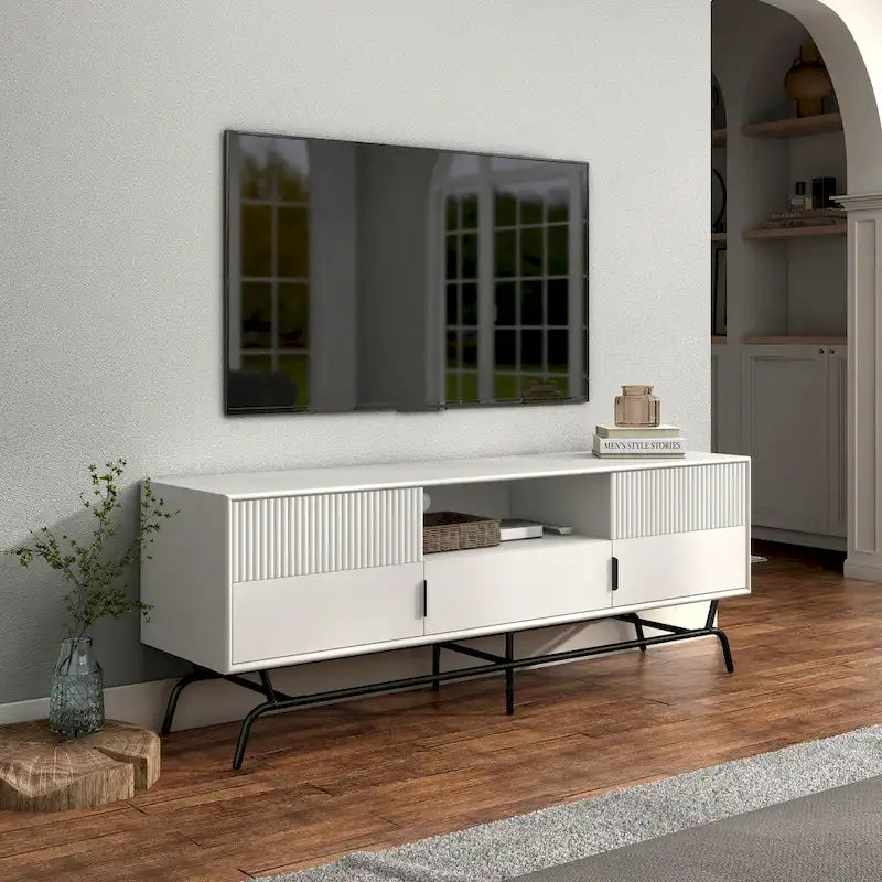 Meuble TV moderne de 60 pouces avec 3 tiroirs et trou pour câbles