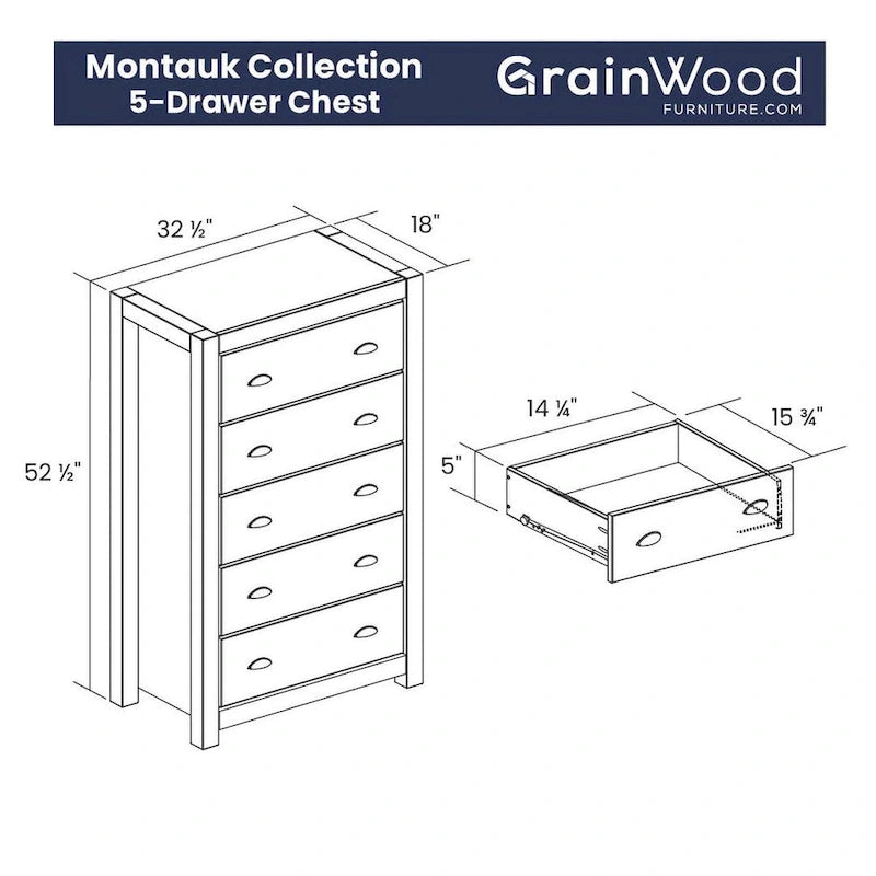 Commode à 5 tiroirs en bois massif Montauk