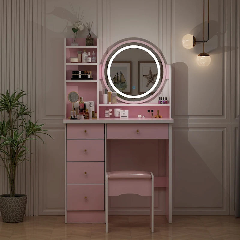 Coiffeuse de 80 cm de large avec tabouret, miroir, 3 couleurs d'éclairage - 80 cm (L)