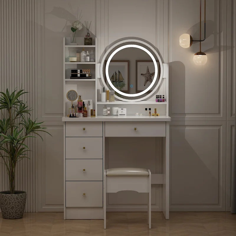 Coiffeuse de 80 cm de large avec tabouret, miroir, 3 couleurs d'éclairage - 80 cm (L)