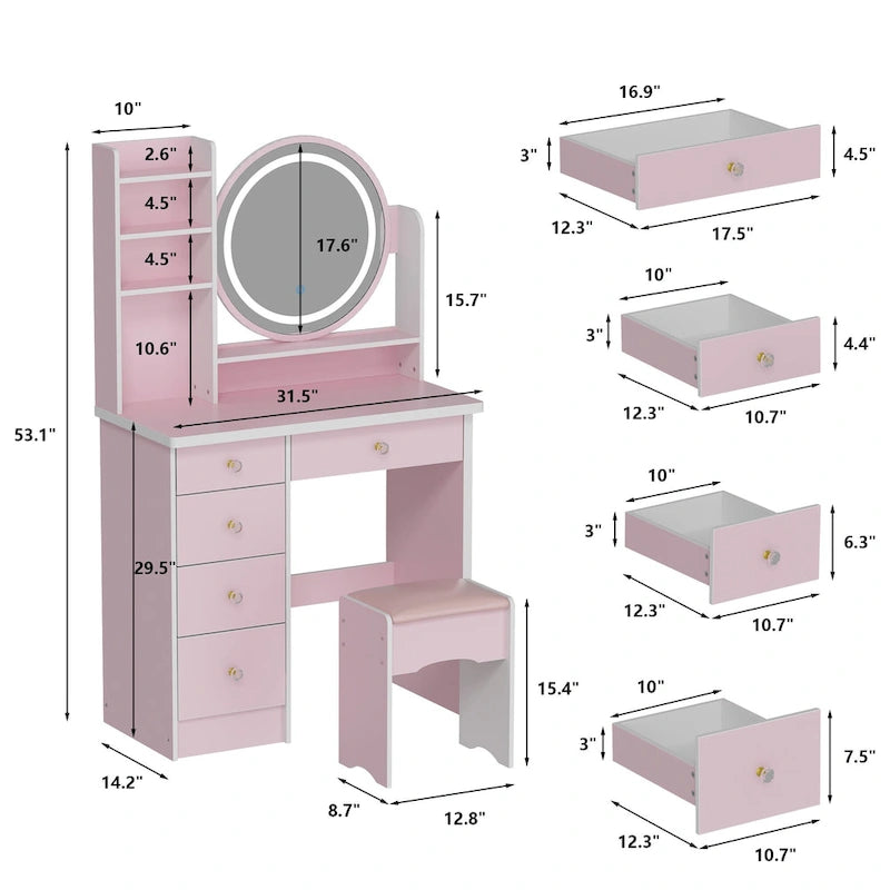 Coiffeuse de 80 cm de large avec tabouret, miroir, 3 couleurs d'éclairage - 80 cm (L)