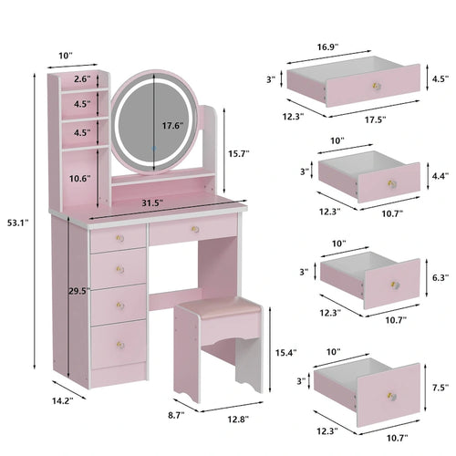 Coiffeuse de 80 cm de large avec tabouret, miroir, 3 couleurs d'éclairage - 80 cm (L)