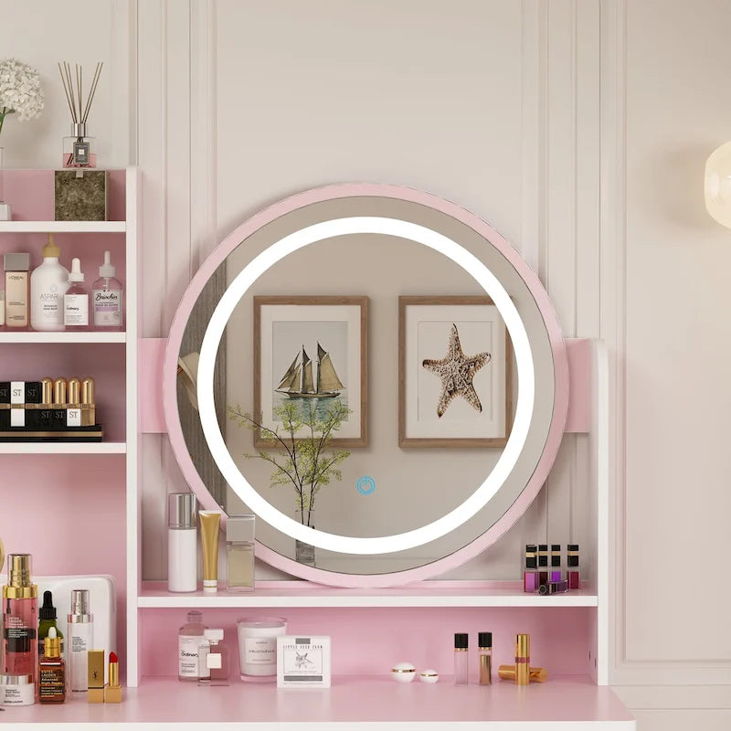 Coiffeuse de 80 cm de large avec tabouret, miroir, 3 couleurs d'éclairage - 80 cm (L)