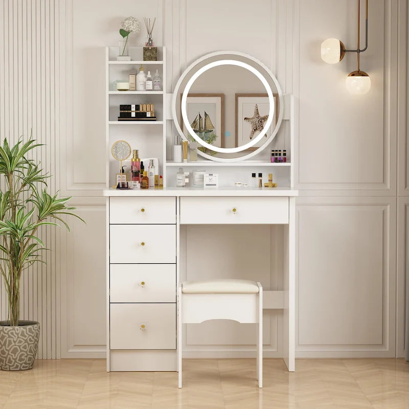 Coiffeuse de 80 cm de large avec tabouret, miroir, 3 couleurs d'éclairage - 80 cm (L)