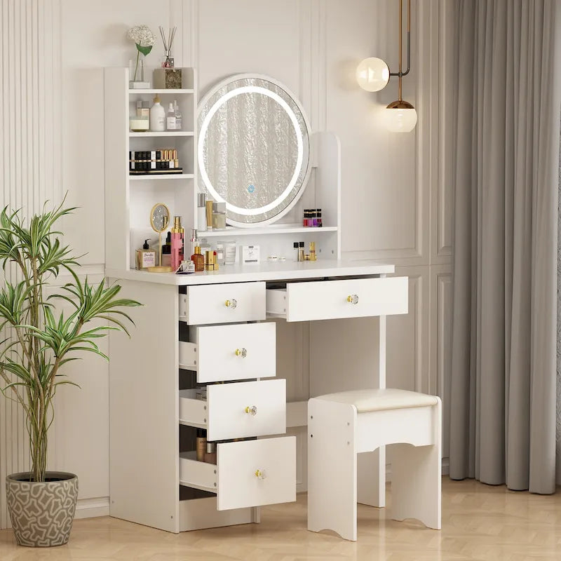 Coiffeuse de 80 cm de large avec tabouret, miroir, 3 couleurs d'éclairage - 80 cm (L)
