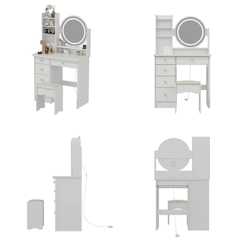 Coiffeuse de 80 cm de large avec tabouret, miroir, 3 couleurs d'éclairage - 80 cm (L)
