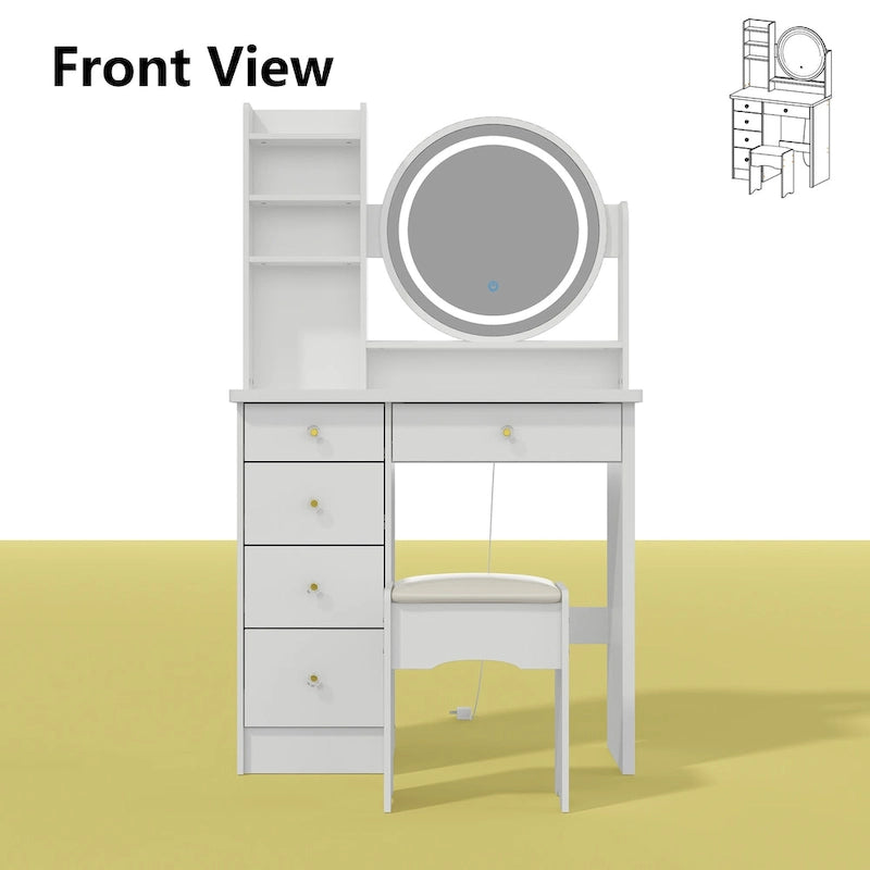 Coiffeuse de 80 cm de large avec tabouret, miroir, 3 couleurs d'éclairage - 80 cm (L)