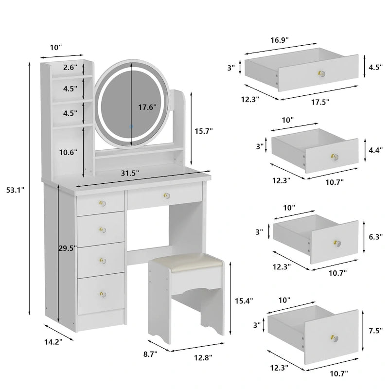 Coiffeuse de 80 cm de large avec tabouret, miroir, 3 couleurs d'éclairage - 80 cm (L)