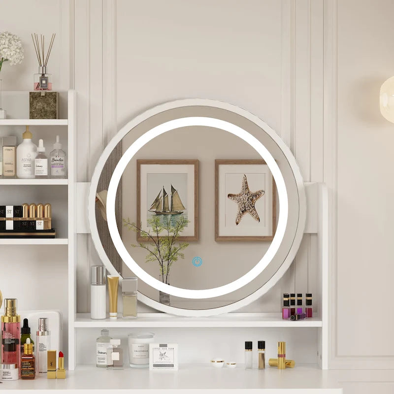 Coiffeuse de 80 cm de large avec tabouret, miroir, 3 couleurs d'éclairage - 80 cm (L)