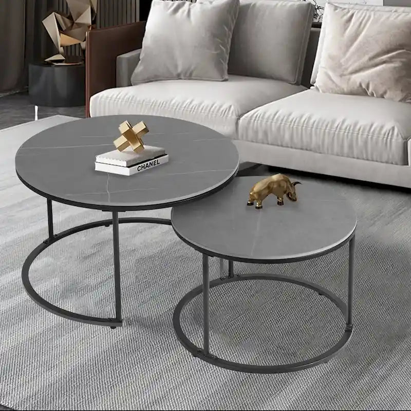 Tables basses gigognes, structure en métal noir avec plateau rond en pierre frittée - 31,5x17,7 pouces