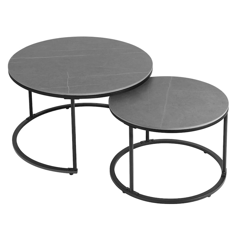 Tables basses gigognes, structure en métal noir avec plateau rond en pierre frittée - 31,5x17,7 pouces