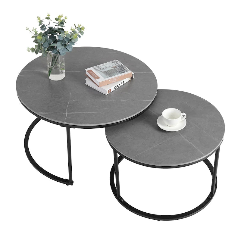 Tables basses gigognes, structure en métal noir avec plateau rond en pierre frittée - 31,5x17,7 pouces