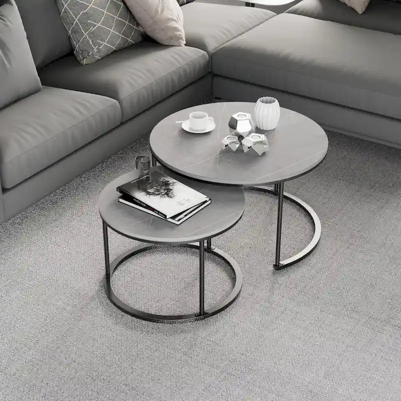 Tables basses gigognes, structure en métal noir avec plateau rond en pierre frittée - 31,5x17,7 pouces