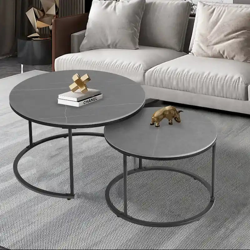 Tables basses gigognes, structure en métal noir avec plateau rond en pierre frittée - 31,5x17,7 pouces