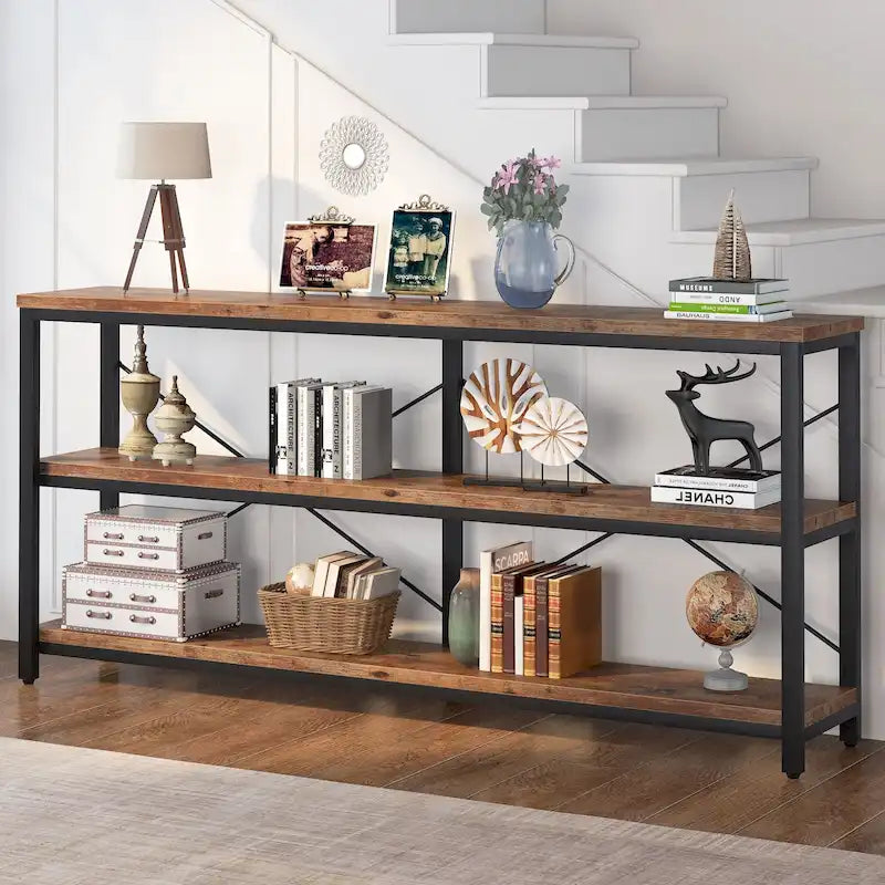 Console extra longue avec cadre métallique pour entrée, meuble TV à 3 niveaux