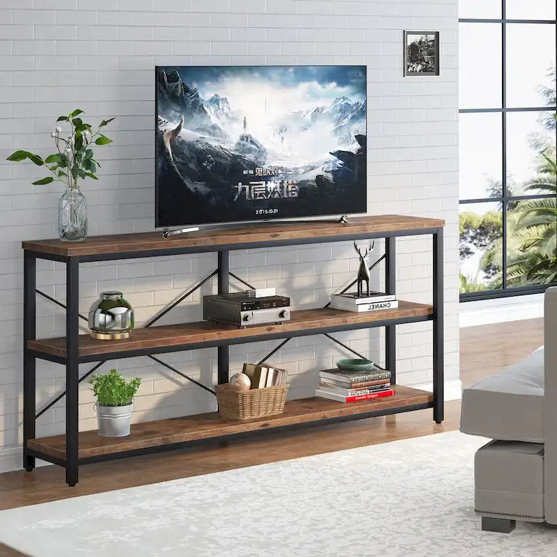 Console extra longue avec cadre métallique pour entrée, meuble TV à 3 niveaux