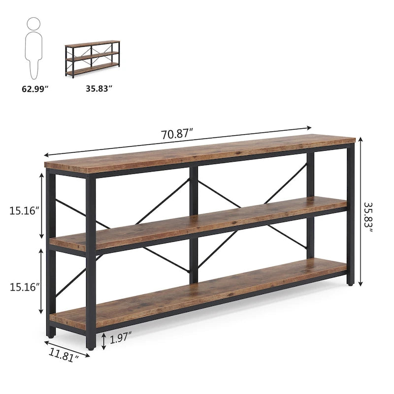 Console extra longue avec cadre métallique pour entrée, meuble TV à 3 niveaux