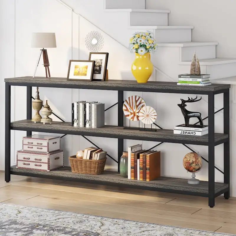 Console extra longue avec cadre métallique pour entrée, meuble TV à 3 niveaux