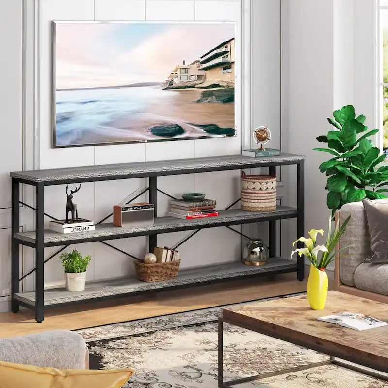Console extra longue avec cadre métallique pour entrée, meuble TV à 3 niveaux