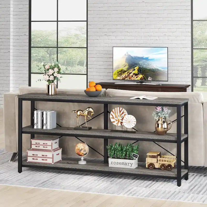 Console extra longue avec cadre métallique pour entrée, meuble TV à 3 niveaux