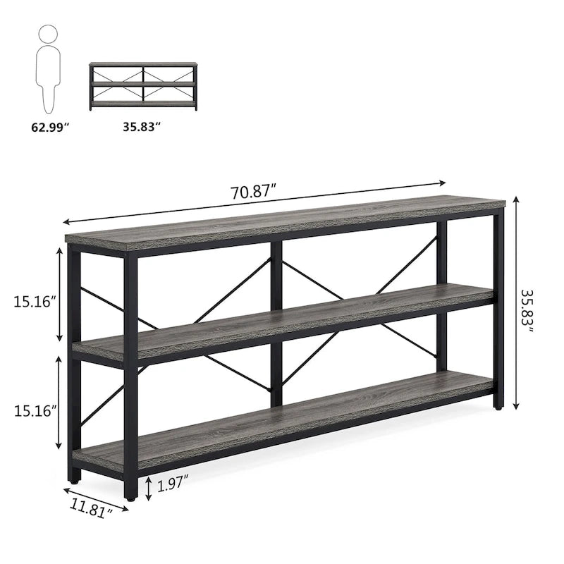 Console extra longue avec cadre métallique pour entrée, meuble TV à 3 niveaux