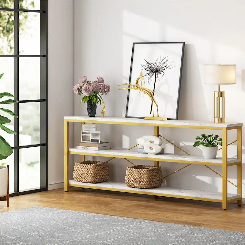 Console extra longue avec cadre métallique pour entrée, meuble TV à 3 niveaux