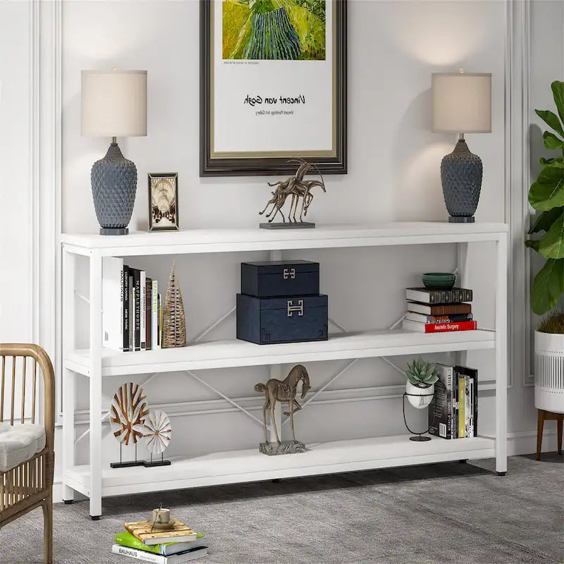 Console extra longue avec cadre métallique pour entrée, meuble TV à 3 niveaux