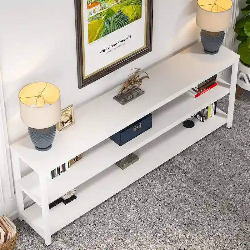 Console extra longue avec cadre métallique pour entrée, meuble TV à 3 niveaux