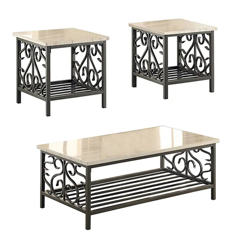 3 Piece Faux Marble Top Table  With Decorative Metal Frame, Cream & Gray