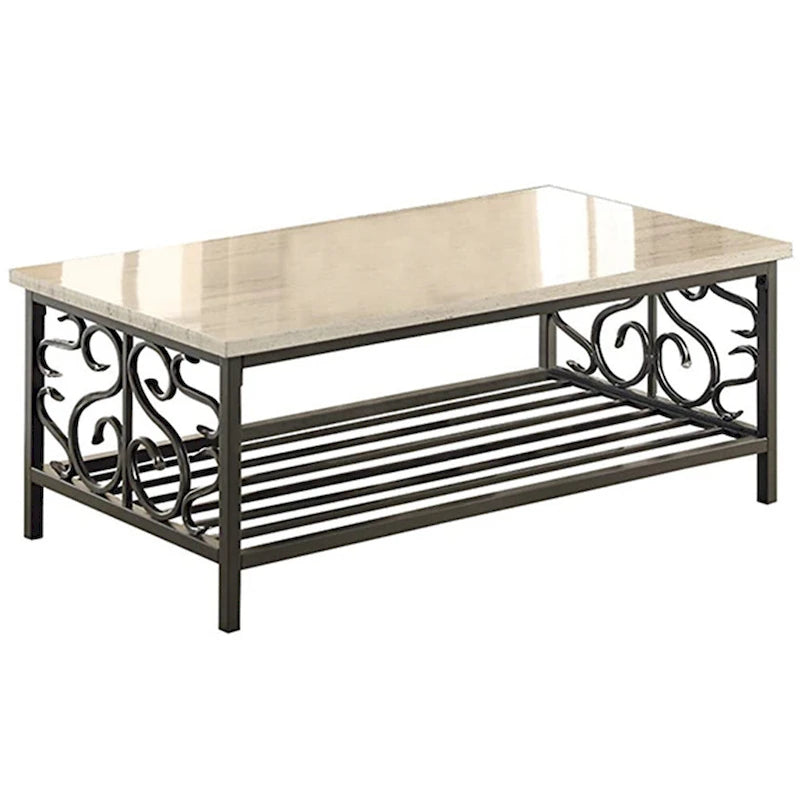 Table à plateau imitation marbre avec cadre en métal décoratif, crème et gris