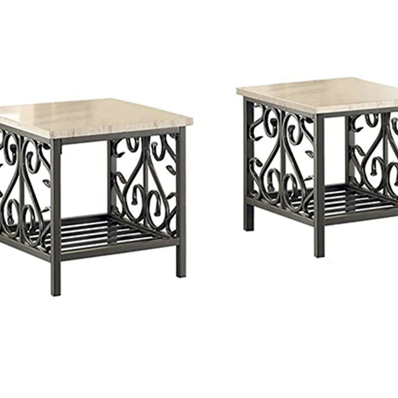 Table à plateau imitation marbre avec cadre en métal décoratif, crème et gris