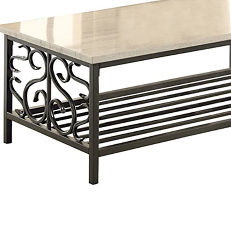 Table à plateau imitation marbre avec cadre en métal décoratif, crème et gris