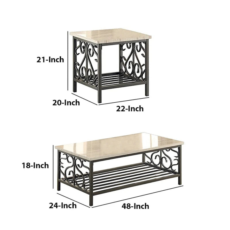 Table à plateau imitation marbre avec cadre en métal décoratif, crème et gris