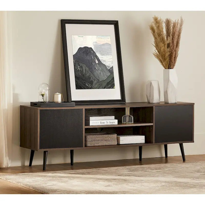  Mid Century Modern TV Stand 61.6 inch Black & Grey