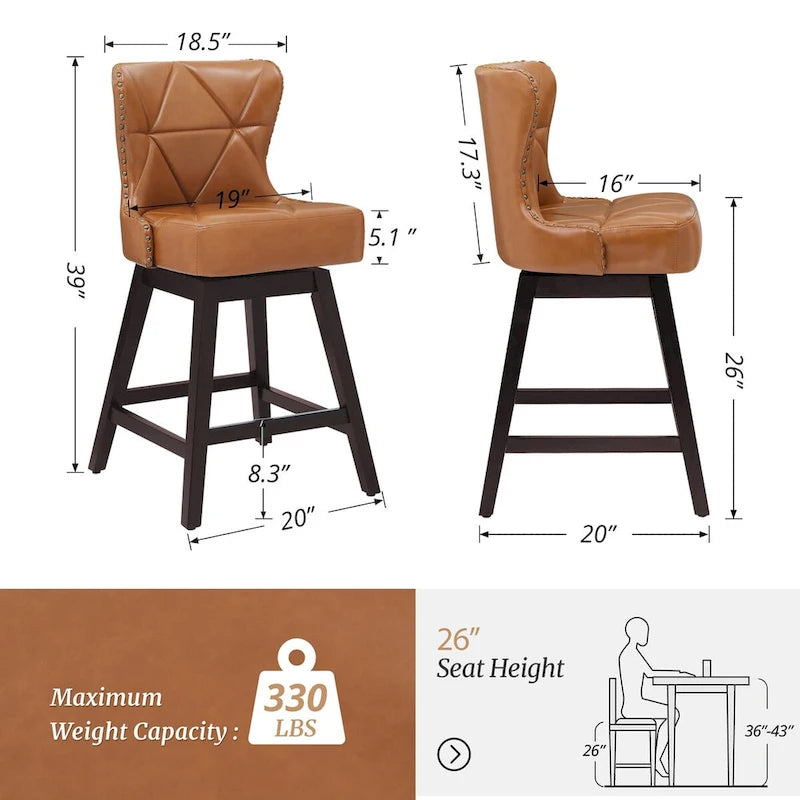 Tabourets de comptoir pivotants de 66 cm de style moderne du milieu du siècle en similicuir/tissu, pour îlot
