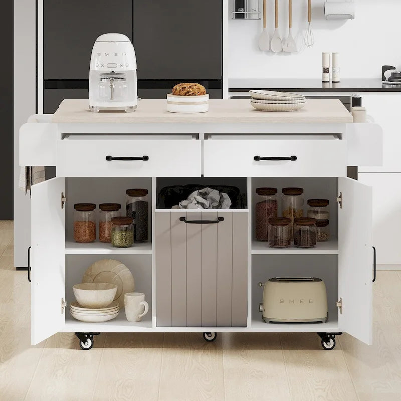 Îlot de cuisine avec meuble de rangement pour poubelle, Chariot de cuisine avec abattant