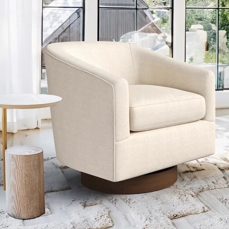  Modern Living Room Armchair Upholstered Wooden Barrel Swivel Accent Chair