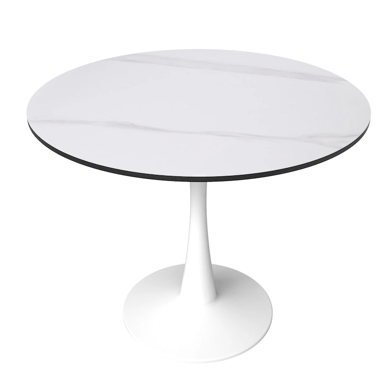 Table de salle à manger ronde Bristol pour 4 personnes, plateau en pierre frittée de 89 cm avec base piédestal en acier inoxydable blanc