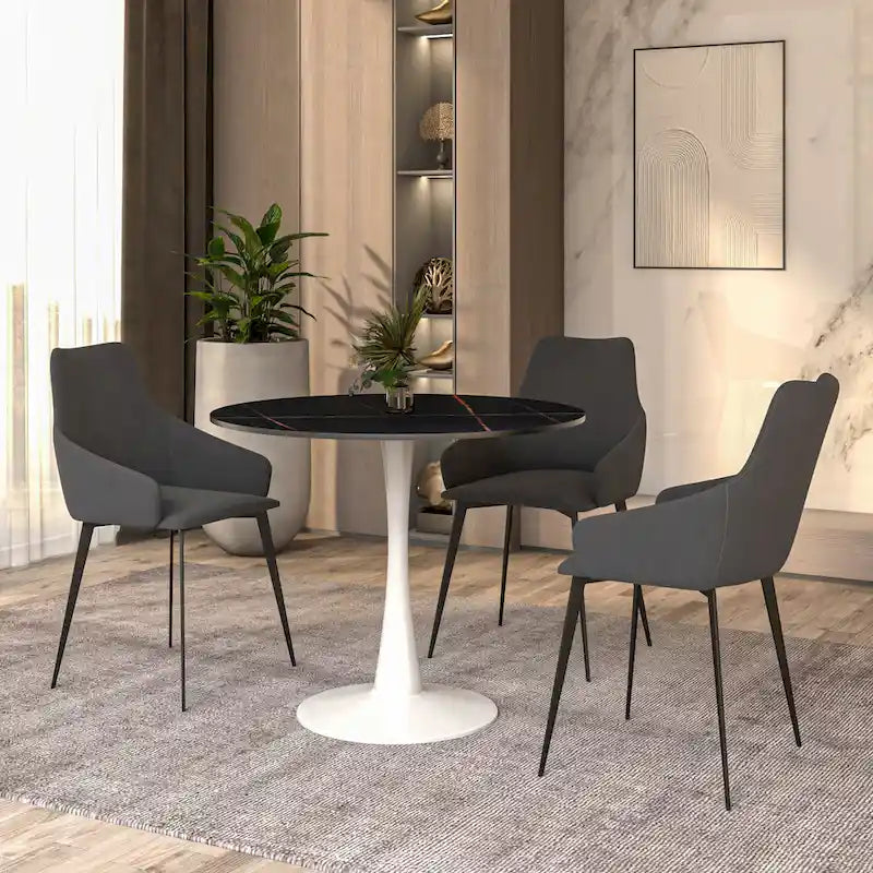 Table de salle à manger ronde Bristol pour 4 personnes, plateau en pierre frittée de 89 cm avec base piédestal en acier inoxydable blanc