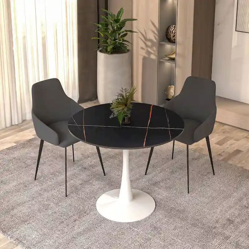 Table de salle à manger ronde Bristol pour 4 personnes, plateau en pierre frittée de 89 cm avec base piédestal en acier inoxydable blanc